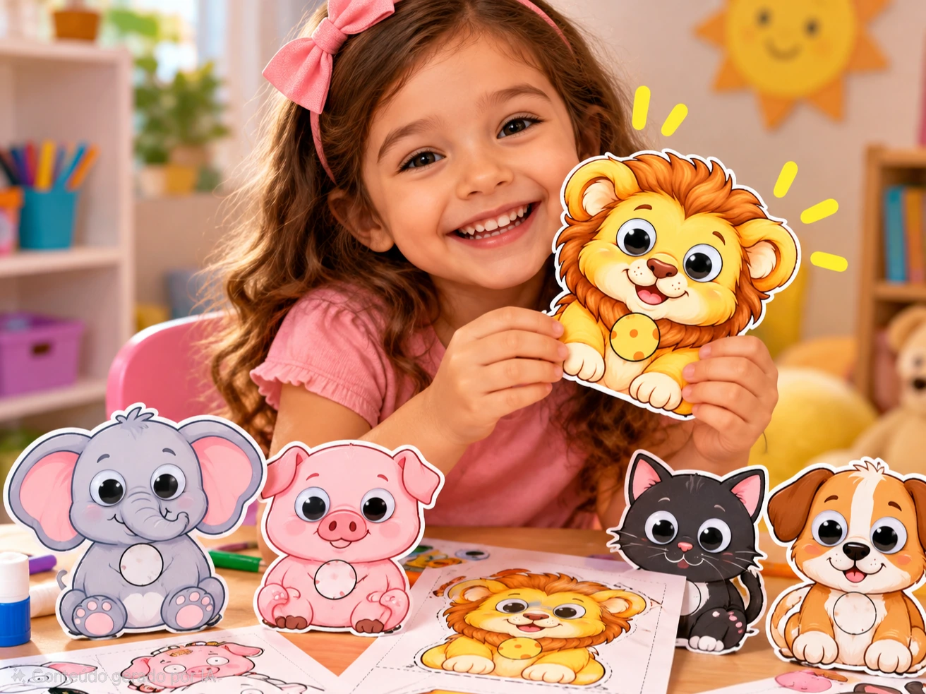 Menina segurando um leão de papel com olhos animados, com animais de papel sobre a mesa