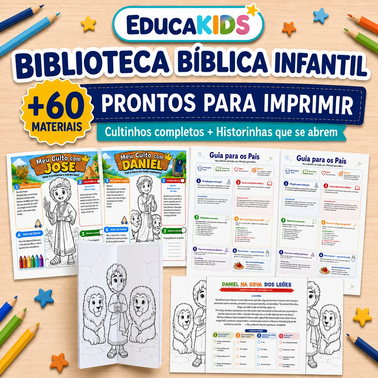 Kit essencial com mais de 60 materiais cristãos infantis prontos para imprimir